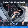 Two foldable electric bikes are shown packed inside the trunk of a car, with additional close-up images of specific features at the bottom. Produktbild-Vorschau