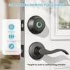 A smart door lock with fingerprint and app entry options is shown installed on a white door, with a window in the background. Produktbild-Vorschau