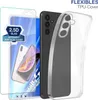 A clear product shot showing a smartphone screen protector and a transparent phone case next to a smartphone. Produktbild-Vorschau