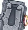 Close-up of the back of a backpack, showing the straps and a pair of sunglasses clipped to the side. Voir les images du produit
