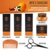 A flat lay arrangement of men's skincare products and accessories, with text overlays. Náhled obrázku produktu