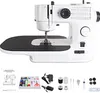 A white electric sewing machine with various accessories laid out below it. Produktbild-Vorschau