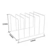 A white wire rack designed for storing vinyl records, with dimensions indicated by measurement lines and text. Produktbild-Vorschau