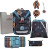 A collection of school supplies including a backpack, pencil case, and drawstring bag, all with a matching ninja fighter theme.
