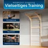 A collage of images showing different exercises performed on a wooden wall bar system, with the main product visible in the background. Podgląd zdjęcia produktu