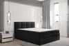A bedroom scene featuring a black upholstered boxspring bed with storage drawers, a white mattress, a marble-patterned nightstand, and modern pendant lights. Voir les images du produit
