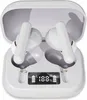 A pair of white wireless earbuds in their charging case, with the case open and a digital display showing battery levels. Náhled obrázku produktu