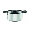 A stainless steel pot with a black lid and handles, shown from the front on a white background. Podgląd zdjęcia produktu