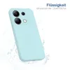 A light blue phone case is shown with water splashing around it, suggesting water resistance. Produktbild-Vorschau