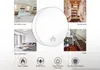 Collage showing different rooms in a house where a smoke detector can be installed, along with icons representing its features. Produktbild-Vorschau