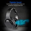 A pair of black over-ear headphones is shown against a dark, textured background, with a blue sound wave graphic emanating from one earcup. Produktbild-Vorschau