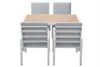 A white outdoor dining set with a wooden tabletop and gray cushions, viewed from the front. Produktbild-Vorschau