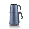 A blue electric Turkish tea maker with two stacked pots, placed on a white background. Produktbild-Vorschau