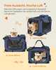 Collage of images showing a blue dog carrier with French Bulldogs in and around it, highlighting different openings. Produktbild-Vorschau