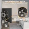 A wall-mounted TV bracket is shown with weights attached to demonstrate its strength, with text overlays highlighting features. Produktbild-Vorschau