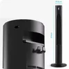 Close-up of a black tower fan base and a full shot of the same fan with dimensions shown. Podgląd zdjęcia produktu