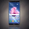 A Huawei smartphone is displayed front-on against a gradient gray background, showing its home screen with various app icons and a weather widget. Produktbild-Vorschau