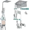 A collage of images showing a chrome shower fixture set with various components and close-ups. Produktbild-Vorschau