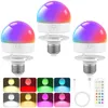 A collage of rechargeable LED light bulbs, showing different color options, a remote control, and charging cables. Produktbild-Vorschau