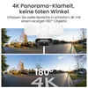 A split image showing a security camera with two lights and a panoramic view of a suburban street. Produktbild-Vorschau