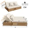 Top and bottom views of a rattan garden sofa with dimensions and angle indicators. Anteprima dell’immagine prodotto