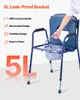A person's hand is shown removing a bucket from a blue commode chair. Produktbild-Vorschau