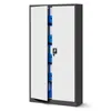 A tall, gray and white metal cabinet is shown with its doors open, revealing several blue binders on shelves. Voir les images du produit