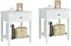 Two white nightstands are shown side-by-side against a white background. Each nightstand has a drawer, an open shelf with a woven basket, and two books. Anteprima dell’immagine prodotto
