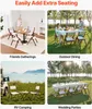 Collage of four images showing folding chairs and tables in different settings: indoors, outdoors at a picnic, by an RV, and at a wedding. Podgląd zdjęcia produktu
