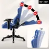 A blue and white gaming chair is shown with different recline angles indicated by red circles and degree measurements. Produktbild-Vorschau