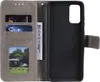 A flip case for a Huawei P Smart 2021 phone is shown open, revealing card slots and a picture window. Produktbild-Vorschau