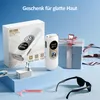 A product display with an IPL hair removal device, its packaging, accessories, and a gift box, set against a gradient blue and white background. Produktbild-Vorschau