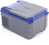 A portable cooler box with a gray body and blue accents, shown from a slightly elevated front-left angle on a white background. Produktbild-Vorschau