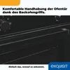 Close-up shot of a black oven interior with its handle and control knobs, with overlaid text and a logo. Produktbild-Vorschau