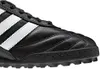 A close-up view of the toe box and side of a black Adidas soccer cleat with white stripes. Produktbild-Vorschau