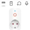 A smart plug with USB ports and icons indicating app control, Wi-Fi, and voice control. Náhľad obrázku produktu