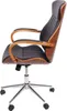 A side view of a black leather office chair with a curved wooden frame and a chrome base with wheels. Podgląd zdjęcia produktu