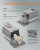 Two cats interacting with a litter box, one entering from the top and another from the front. The image also includes text explaining the dual-entry feature. Produktbild-Vorschau