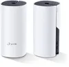 Two white cylindrical mesh Wi-Fi units are shown against a white background. The unit on the left has the TP-Link logo visible. The unit on the right has its side panel partially open, revealing network ports. Produktbild-Vorschau