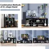 Collage of images showing different ways to combine L-shaped TV stands and display them in living room settings. Náhled obrázku produktu