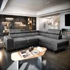 A modern living room with a sectional sofa, coffee table, and a spiral staircase. Podgląd zdjęcia produktu