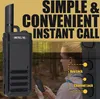 A person is holding a walkie-talkie in a forest setting, with marketing text overlayed. Produktbild-Vorschau