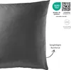 A close-up of a dark gray pillow with various certifications and descriptive text on the right side. Produktbild-Vorschau