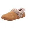 A single brown slipper with faux fur trim and a button detail, shown from a side angle on a white background. Produktbild-Vorschau