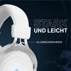 Close-up of a white gaming headset with text overlays highlighting its features. Produktbild-Vorschau
