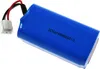 A close-up of a blue battery pack with a white connector and wires. Voir les images du produit
