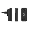 Three views of a black wireless doorbell transmitter and receiver unit, presented against a white background. Náhled obrázku produktu
