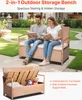 A couple is reading books on an outdoor storage bench in a garden setting. Below, the bench is shown open with storage inside. Produktbild-Vorschau