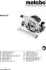 A Metabo circular saw is shown on a white background with text in multiple languages listing instructions. Anteprima dell’immagine prodotto