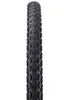 A close-up, front-facing view of a black bicycle tire with a detailed tread pattern, isolated on a white background. Produktbild-Vorschau
